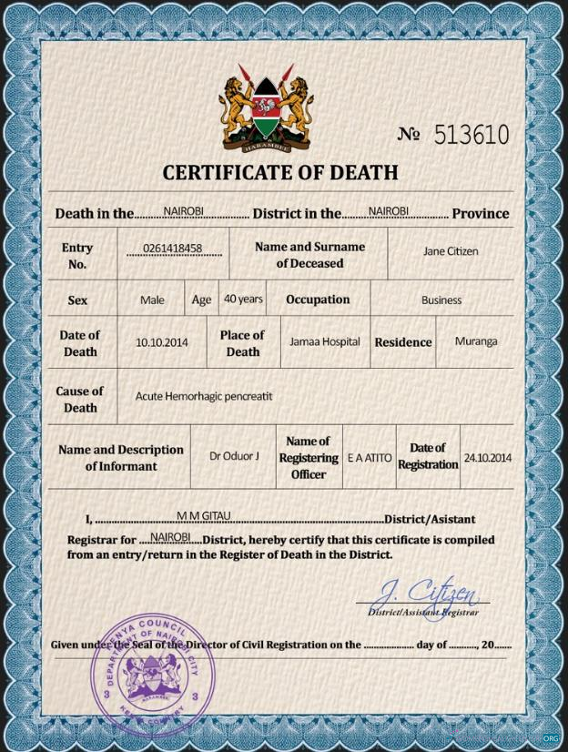 Download Kenya vital record death certificate PSD template Photoshop template